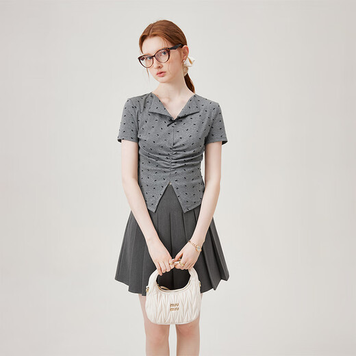 Fan Silann Sweet Hot Girls Flocking Bow Knitted T-shirt 2024 Summer New Lapel Slim 12529 Gray XL