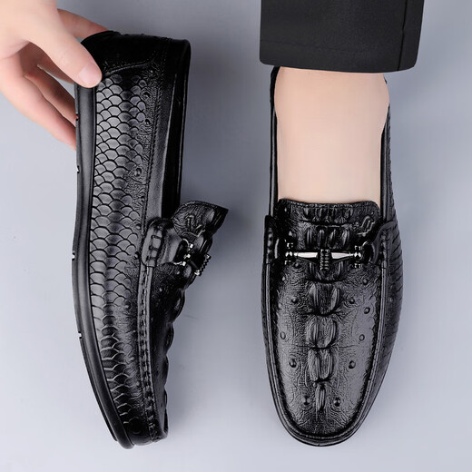Fugui Bird Herrenschuhe Sommerzehen Schicht Cowide Business Casual Crocodil Muster Mütze weiche Sohle atmungsaktiven leichten Fahren lässige Schuhe Herren schwarzes Muster Yulin Fg9920 38