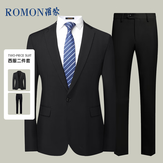 ROMON suit men's business slim formal dress groomsmen suit groom suit single button suit black 2XL