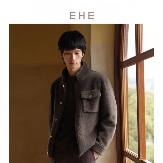 EHE Men's New Winter Sheep Wool Multi-Pocket Design Warm Fit Stand Collar Fur Jacket for Men, Olive Green, Size S