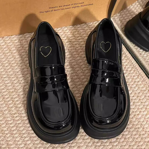 RXXBFB thick-soled loafers women's 2025 spring and summer new high-end women's singles shoes jk uniform with skirt British style leather shoes gloss black 38 (240mm)