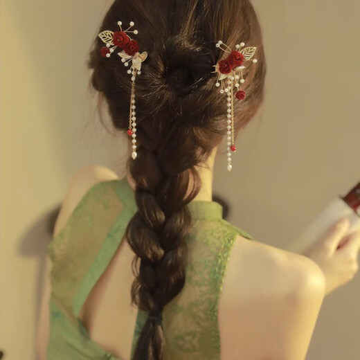 Caballa Qbily [par de par de par] rojo rosa peluquería con franja de horquilla china hanfu cheongsam tocado de boda rosa cabello liso izquierdo + rosa cabello liso derecho