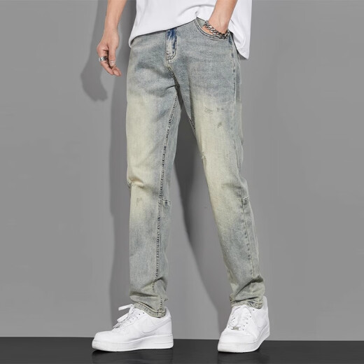 Ecken American retro yellow mud jeans men's autumn washing high street straight loose spring and autumn nostalgic men's casual pants 1098 light blue 30