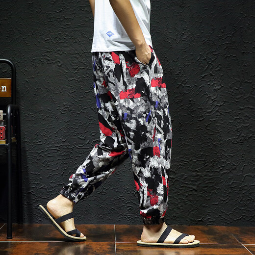 Huatianmu Spring and Autumn Casual Pants Men's Cropped Pants Fashion Loose Men's Trendy Printed Pants Personalized Harem Pants 9-point pants Brown 2XL