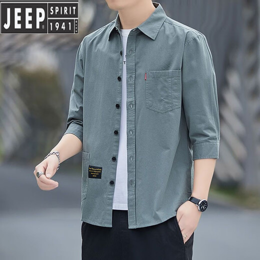 JEEP SPIRIT high-end pure cotton free ironing summer shirt men's loose version of 7-quarter sleeve shirt workwear mid-sleeved jacket casual and versatile high-quality pure cotton material 7-quarter sleeve 5008 (light blue) 2XL 155Jin[Jin equals 0.5 kg]-175Jin[Jin equals 0.5 kg]