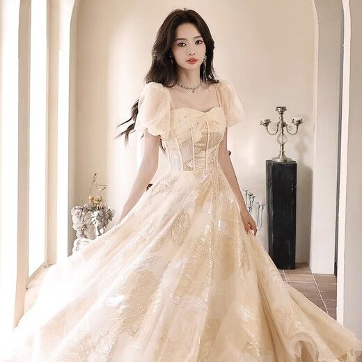 丽佰昕法式晚礼服女高级感香槟色高端轻奢小众仙气轻纱主持人声乐艺考裙 香槟色 3XL  建议130-135斤