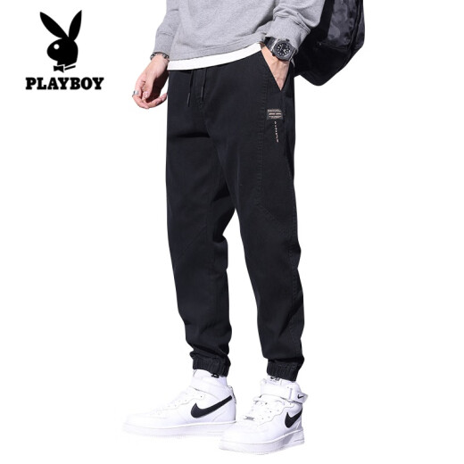 花花公子（PLAYBOY）加绒牛仔裤男士秋冬款束脚潮牌2024秋季新款休闲九分裤子工装长裤 DW_9859 黑色 加绒 XL