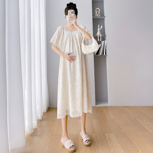 Geman maternity dress summer loose large-size top covering belly summer skirt puff sleeve maternity dress summer skirt off white skirt (recommended 120-140 Jin [Jin equals 0.5 kg])
