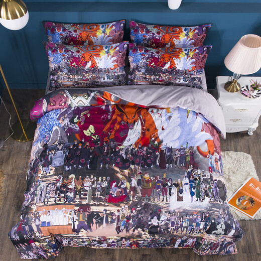 Kyushu Deer Naruto Anime Four-Piece Set Naruto Bed Sheet Quilt Cover Student Dormitory Two-Dimension Single Bed Cartoon Kit Naruto Family Photo 1.5m Double Four-Piece Set (Quilt Cover 200*230)