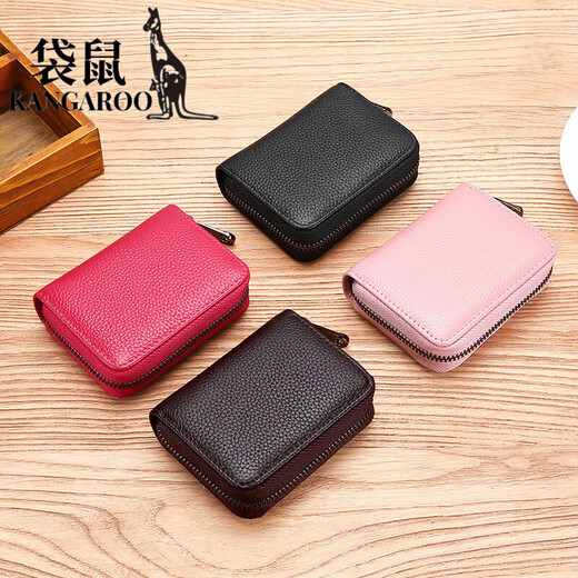 Kangaroo (KANGAROO) exquisite organ card bag for men and women's top layer cowhide anti-theft brush large capacity card cover small card clip coupon wallet rose red 12 cards + 2 multi-functional positions