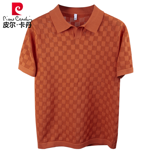 Pier Cardin Einfache hohle atmungsaktive Sommer Dünne Orange Waffel Polo atmungsaktives Hemd kurzärmelige Männer schlanker elastischer Flip Bns9757-Orange XL