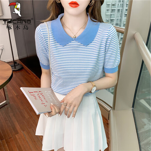 Cuello de muñeca rayada de carpintero Camiseta de miética de seda de hilo de altura de manga corta Sweet Sweater Sweater Sweater delgada pequeña DX691# Amarillo S RECOMENDO 80-100JIN [Jin iguala 0.5 kg]