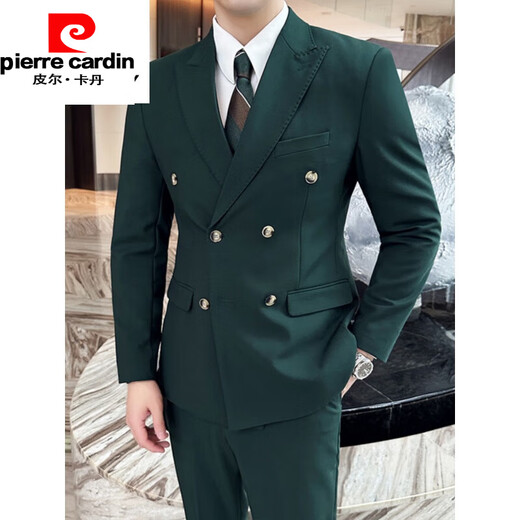 Pierre Cardin suit men's formal suit wedding slim British style business casual double-breasted men's suit jacket new product dark green suit + pants 5XL