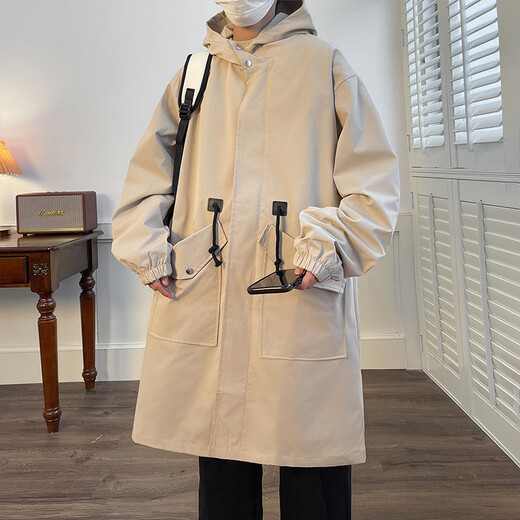 卡鲁微300斤特大码中长款风衣男士胖子连帽加棉外套男2025新款工装大衣 黑色加棉 厚款 5XL 建议200-220斤