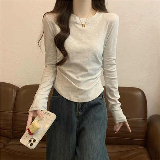 Koranna Pure Cotton Spring Autumn and Winter Slim Waist T-shirt Women's Long Sleeve Slim Short Round Neck Bottoming Top for Small People Floral Gray Long Sleeve M Recommendation 91-105 Jin Jin equals 0.5 kg