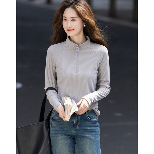 Demana Hanli Hanqi Autumn Private Collection Worker Wear Stand-up Collar Long Sleeve Comfortable Flesh-covering Casual Women's T-Shirt