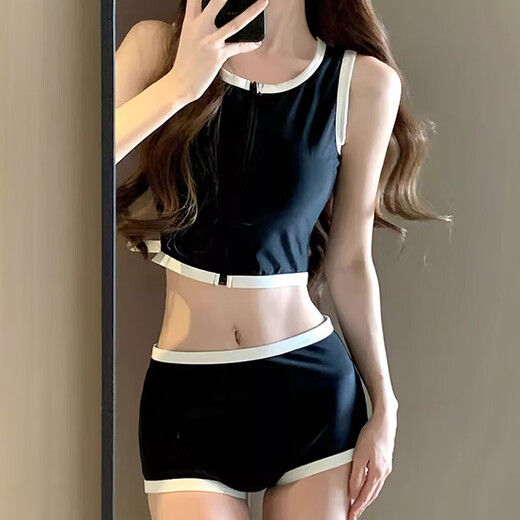 Miaoyijia swimsuit women's hot spring conservative split swimsuit set 2024 new adult swimsuits make you look slim and cover your flesh racing Sleeveless zipper split swimsuit [black with white edges] One size [suggested 80-120Jin [Jin equals 0.5 kg]]