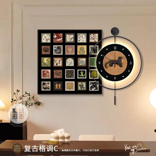 JPHZNB中古风百联餐厅装饰画led灯带钟表感壁画复古饭桌背景墙挂画 K12806+PB57 c60*60cm画+50*50cm挂钟带钟摆
