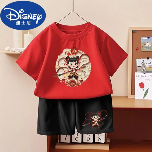 G.DuckKids Nezha: Tongtong Cotton Sweet Summer Summer Shorts New Children's Juego de dos piezas 1092# Pack Back T Wine Red + Pequeño 1098# Black Shorts 90