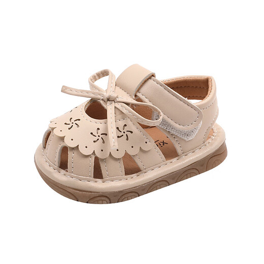 花丫花丫宝宝凉鞋夏季透气婴儿鞋防滑软底女童凉鞋可爱公主包头凉鞋学步鞋 叫叫鞋米色19码（内长13cm）