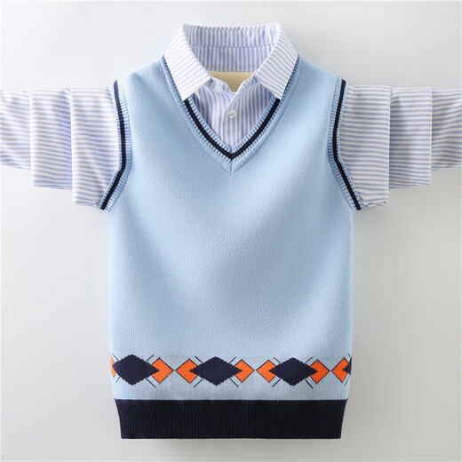 Xin Yueqing Boy Pullover Pullover Strick -Pullover Herbst und Winter neuer Stil mittel- und großer Kinderhemdkragen gefälscht zwei modische kleine Jungen Weste 605 Marine (hinzugefügte Samt) 170 cm