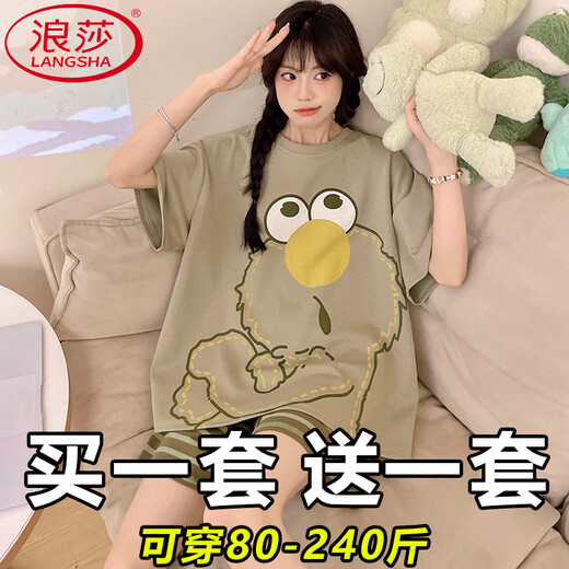 浪莎（LangSha）睡衣女夏季天纯棉短袖短裤套装薄款甜美卡通少女可外穿宽松家居服 694卡皮巴拉+690蝴蝶熊 M 女建议80-98斤】
