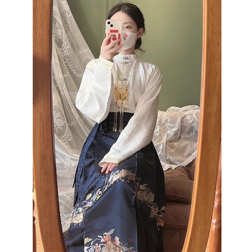Airodan neues chinesisches Stilkleid für Frauen im Herbst Neue Frauenkleidung und verbesserte Hanfu Daily Pendler Pferdesgesicht Rock Volles Set Top + Rock 1047 XL