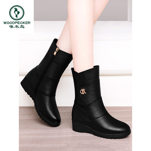 啄木鸟头层牛皮中筒靴女靴2025年新款真皮软底短靴秋冬加绒中年妈妈马靴 GQ 9716 黑色 加绒 4.5厘米 34