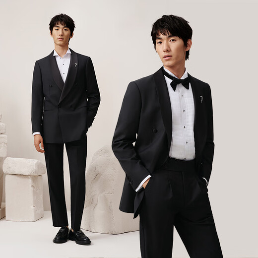 Guillaume Tuxedo Wool Suit Men's Double-Breasted Black Formal High-Grade Groom Wedding Dress Suit Swallowtail Black Top + Pants 48