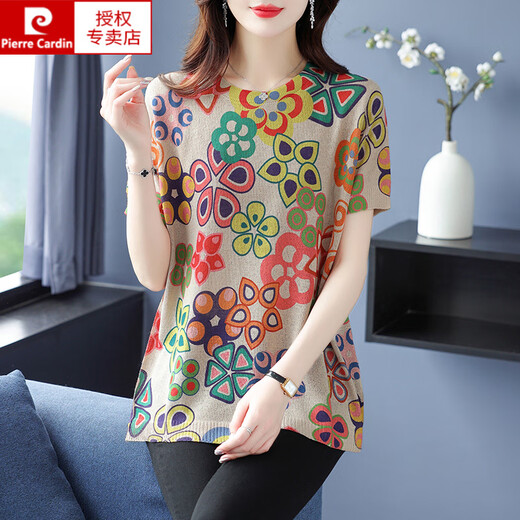 皮尔卡丹（pierre cardin）胖肥mm加大码夏季桑蚕丝短袖T恤女薄款宽松200斤遮肚子印花上衣 L838A色 M