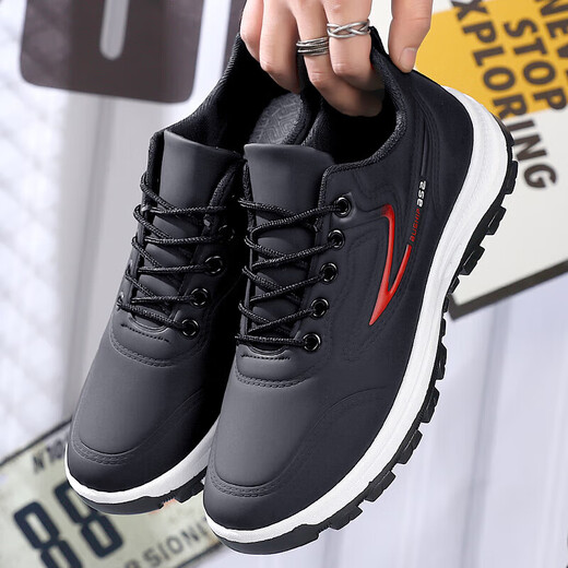 Hongxinger sports shoes men's leather sports versatile casual running shoes trend all black kitchen waterproof 916PU black gray 39