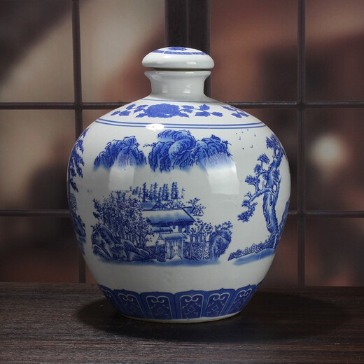 Xindeheng 5 Jin Jin is equal to 0.5 kg, blue and white porcelain, Jingdezhen ceramic wine bottles, wine jars, white wine bottles, empty bottles, wine bottles and jars, antique local pottery, 10 Jin Jin is equal to 0.5 kg, blue and white landscapes + wine cloth tassel sealing film