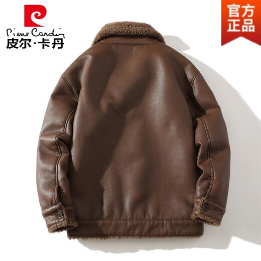 Pierre Cardin Brown Suede Jacket Men's Fur One-piece Plus Velvet Thickened Lamb Wool Jacket Trendy Large Size Motorcycle Leather Jacket Brown M (Easy to Wear)