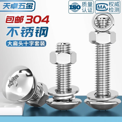Tianzhuo Hardware 304 Stainless Steel Cross Large Flat Head Screws and Nuts Set Umbrella Head Flat Bolt Round Head Flat Washer Spring Washer Combination M4*10-20 Set