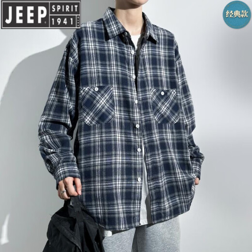 
JEEP SPIRIT Loose and Handsome Long Sleeve Shirt Plaid 2025 Spring and Autumn Men's Student Casual Jacket Retro American Work Shirt K12109 Blue XL