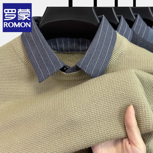 罗蒙（ROMON）假两件毛衣男秋冬季衬衫领套头毛衫中年男士保暖上衣针织打底衫潮 黑色+蓝灰 185/3XL
