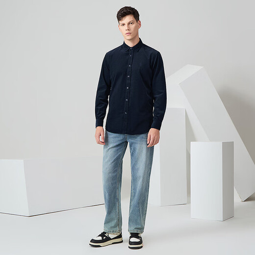 Dances with Wolves Corduroy & Pure Cotton Versatile and Comfortable Men's Long Sleeve Shirt for Commuting 102 Dark Blue L(175)
