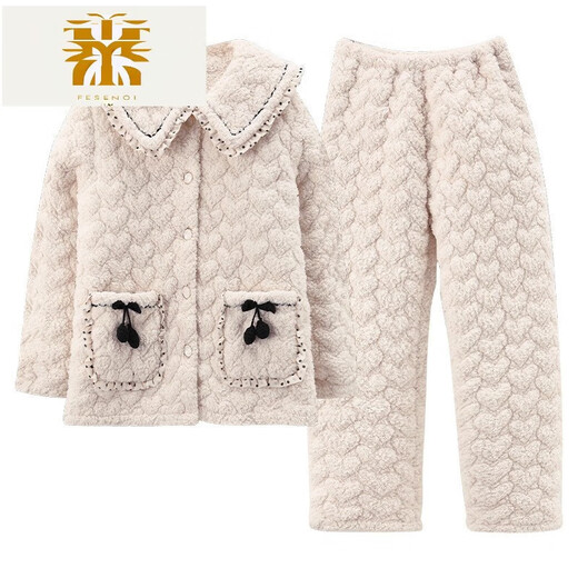 FMSERUIOS轻奢高档珊瑚绒夹棉睡衣女士冬季三层加厚加绒家居服女冬款法兰绒 MFB12250女 M