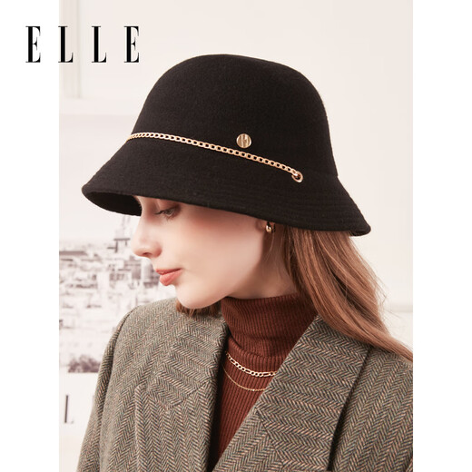 ELLE wool pot hat women's autumn and winter fashion versatile elegant chain decorative set hat fisherman hat top hat black one size