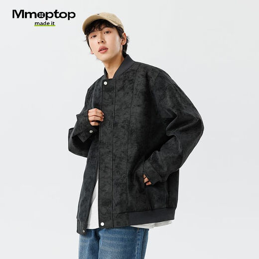 MMOPTOP American PU leather baseball jacket men's spring and autumn trendy handsome work jacket top 6211 black M