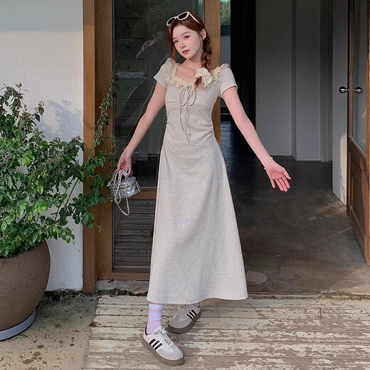 GOCHIEI summer niche design lady style lace splicing lace versatile waist short sleeve square collar temperament mid-length skirt lace-up mid-length skirt M recommended 90-105 Jin Jin equals 0.5 kg