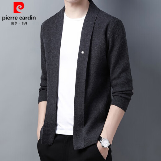 皮尔卡丹（pierre cardin）品牌开衫外套男士羊毛针织衫春秋新款青年商务休闲纯色舒适毛衣男 黑色 190/100A