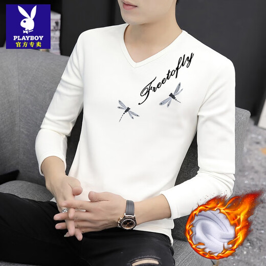 Playboy (PLAYBOY) velvet warm bottoming shirt men's slim V-neck long-sleeved t-shirt autumn and winter simple top sweetheart neck inner T-shirt white 9988 V-neck velvet XL
