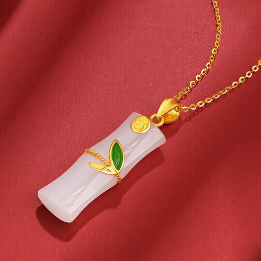 Liuguifu Jewelry Gold Pendant Jade Bamboo Festival Gold Inlaid Jade Pure Gold Necklace for Women HT0600055 with Silver Chain 0.73g