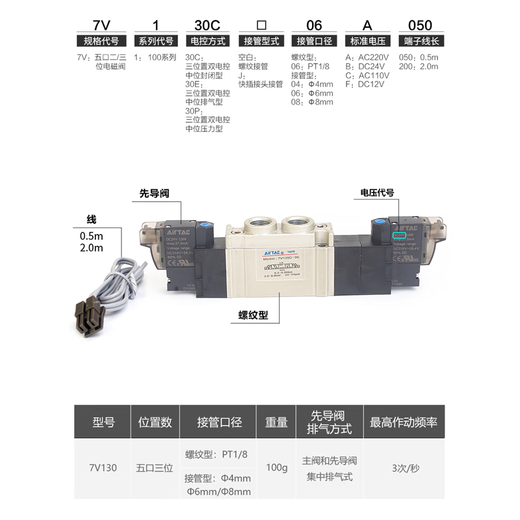 山头林村亚德客气动电磁阀7V 110 120 130C-06气缸换向控制气阀 7V12006B0 7V100M2F