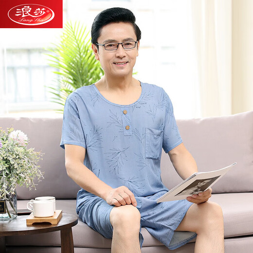 浪莎男士睡衣夏季棉绸短袖中老年人爸爸纯棉家居服薄款莫代尔冰丝套装 2691 XL 建议135-155斤