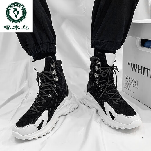 Woodpecker Martin boots men's spring and autumn winter men's shoes high top men's work boots long tube plus velvet cotton shoes Internet celebrity motorcycle leather boots white and black-added velvet style 43