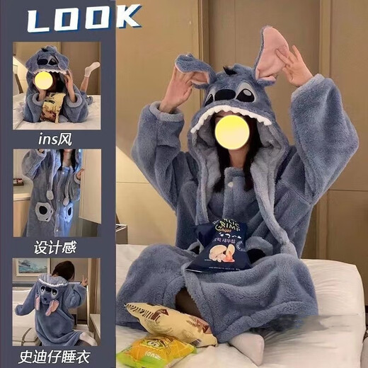 Yi Shuhan Pajamas Couple Outfit One Male One Female Stitch Cartoon Internet Celebrity Winter Coral Velvet Long Nightgown Home Clothes Set Pink Stitch Nightgown + Pants M 100-130Jin Jin equals 0.5kg