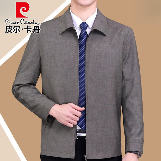 Pierre Cardin Jacket Men's Middle-aged Spring and Autumn Thin Jacket Middle-aged Dad's Wear Executive Lapel Jacket Wool Top 209 Style Beige 170/M Size Recommended 110-125 Jin Jin equals 0.5 kg