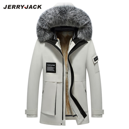 JERRYJACK men's parka with full mink fur lining and removable fur one-piece winter warm coat, fashionable men's coat, off-white + silver fox fur collar + white mink lining M/170